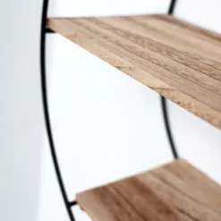 Zwart metalen wandrek met 3 houten plankjes - Rond - 50x19 cm