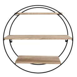 Zwart metalen wandrek met 3 houten plankjes - Rond - 50x19 cm