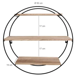 Zwart metalen wandrek met 3 houten plankjes - Rond - 50x19 cm