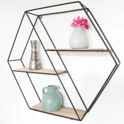 Zwart metalen wandrek met 3 houten plankjes - Zeshoek diagonaal