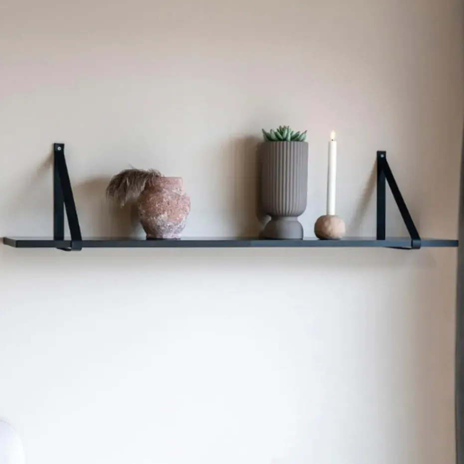 Zwarte wandplank met leren riemen - 120x20 cm